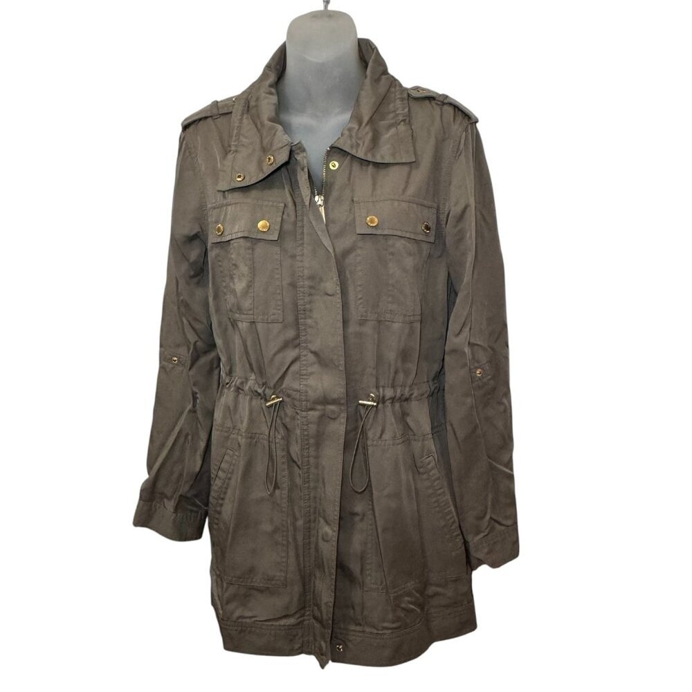 Michael Kors Anorak Coat Jacket Drawstring Waist Khaki Green Gold Hardware XS - Picture 2 of 11